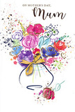 Watercolour Mother's Day card artwork showing a joyful, free-flowing bouquet that looks as if it has just been imagined by a Queensbury florist and brushed straight onto the card. At the heart of the composition, lush pink and cerise blossoms cluster together, their rounded, overlapping strokes capturing the fullness and softness of fresh spring flowers. Strong indigo and violet accents contour some of the petals, adding depth and contrast, while lighter splashes of lavender, sky blue, and apricot drift outward, giving a sense of movement, as if the bouquet were gently turning in a breeze along Queensbury's quiet residential streets. Delicate golden lines trace parts of the petals and foliage, creating fine, sparkling edges that catch the eye like morning light on freshly delivered blooms. The flowers appear to gather into a simple, stylised vase, its shape suggested with a few confident strokes and finished with a small golden bow, reminiscent of the neat ribbons used for same-day bouquets around the HA8 area. Tiny scattered hearts and playful paint splatters float around the bouquet, adding a festive, affectionate energy that mirrors the spirit of Mother's Day. The background is mostly white and open, allowing each vivid colour - from bold magentas to soothing blues - to stand out clearly without overwhelming the senses. The overall effect is of a painted embrace: a tender, artistic tribute that communicates love, gratitude, and the beauty of a carefully arranged bouquet, all captured on one elegant card ready to be given to a cherished mum in Queensbury.