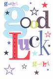A bold, cheerful good luck card is laid out against a clean white background, the words 'Good Luck' exploding across the centre like a mini celebration you could tuck into a bouquet from a Queensbury florist. Each letter is rendered in a different, playful font and colour: oversized, pastel-blue shapes with soft curves nestle beside deep, confident reds, earthy moss greens, and rich, velvety purples. The colours feel as if they've been chosen with the same care as flower stems for a big life moment in Queensbury, from exam results at the local college to a first day in a new job down on the high street. Around the lettering, a constellation of whimsical stars drifts across the white space, scattered in navy, indigo, sky-blue, lilac, and lemon-lime, some crisp and bold, others faint and dreamy, like distant lights over Queensbury Park on a clear evening. The card's surface appears smooth and slightly satin, suggesting quality cardstock that would feel satisfyingly firm between your fingers, like the sturdy backing of a well-presented bouquet. There is no clutter, no extra illustration, just generous white space that lets each colour and star breathe, giving the design a modern, upbeat feel. The overall mood is one of encouragement and fresh beginnings, echoing the quiet thrill of sending flowers for a big audition or important interview. You can almost imagine this card slipped into a hand-tied arrangement delivered to a doorstep near Queensbury Circle, carrying not only the printed words but the invisible warmth of someone's belief that luck really is on the recipient's side.